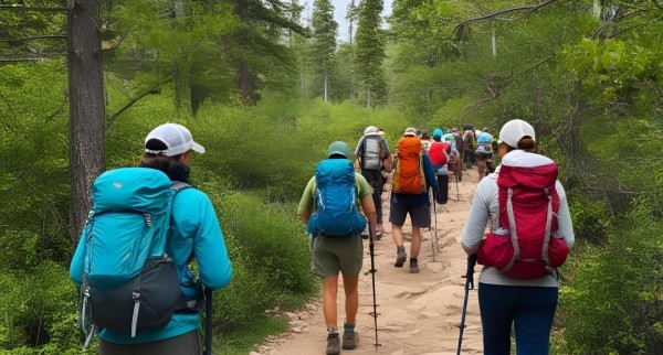 a large group of hikers stroll through the forest